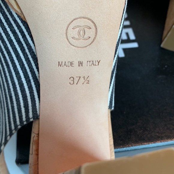 CHANEL Shoes Black White Striped Platform Cork Canvas Patent Slingback CC Heels - Picture 10 of 16